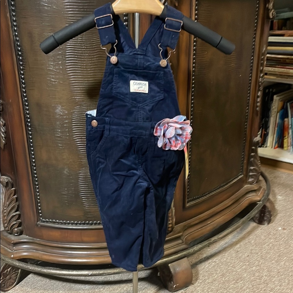 Navy Blue Corduroy Overalls with Floral Accent